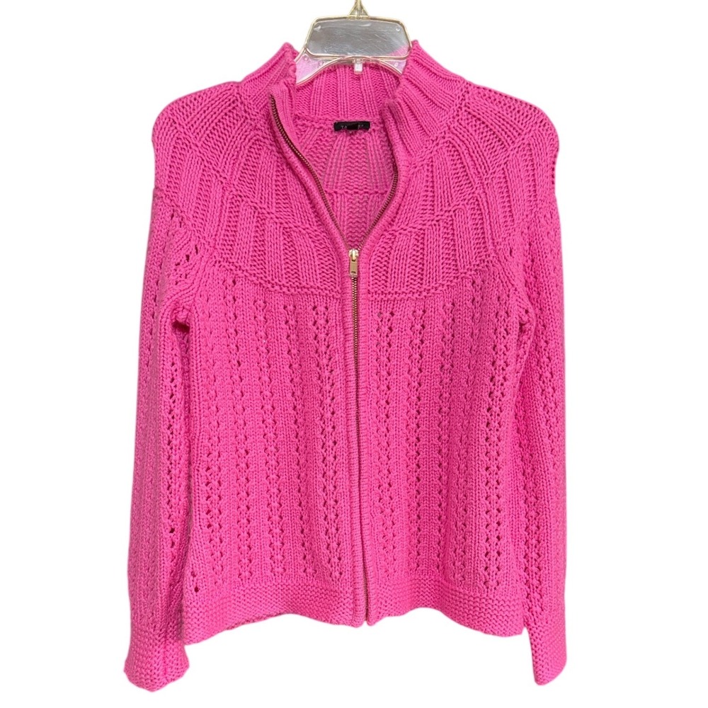 Talbots Womens Hot Pink Pointelle Full Zip Cardigan Sweater Mock Neck Medium